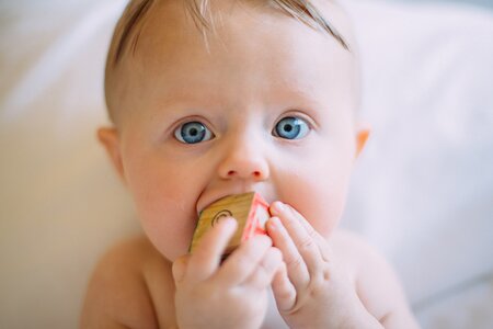 Baby hält Spielzeug im Mund