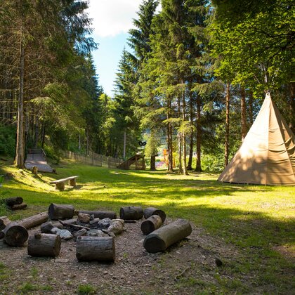 Blick auf die Feuerstelle und das Tipi-Zelt