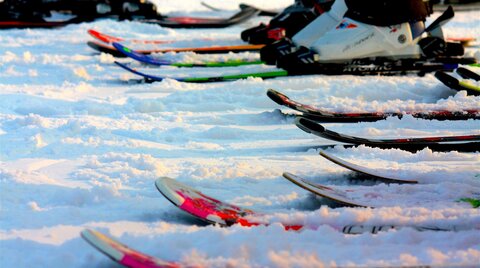 Detailaufnahme von Ski in Schnee